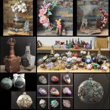 Man sieht handgemachte Weihnachtskugeln, Ostereier, dekorative Bögen, sowie einen Tisch mit verschiedenen handgemachten Ausstellungsstücken