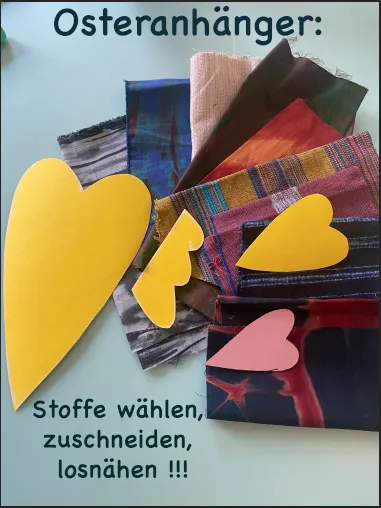 Schnitteile und afrikanische Stoffe für farbenfrohe Osteranhänger in Herzform