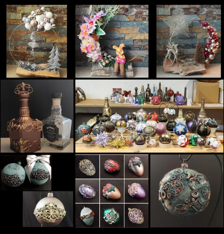 Man sieht handgemachte Weihnachtskugeln, Ostereier, dekorative Bögen, sowie einen Tisch mit verschiedenen handgemachten Ausstellungsstücken