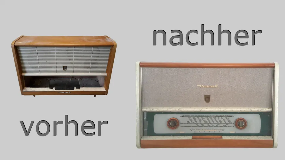 Umarbeitung eines Radios in ein Wandregal mit Frontklappe durch Recycling und Upcycling