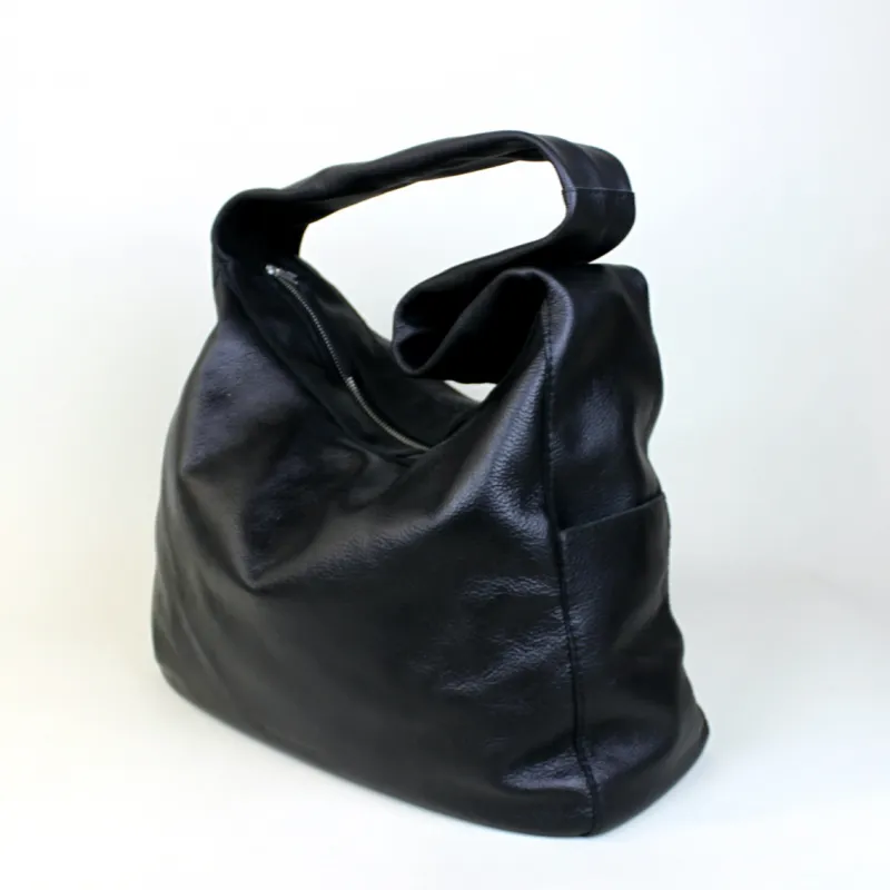 Black slouchy bag made of upcycled leather