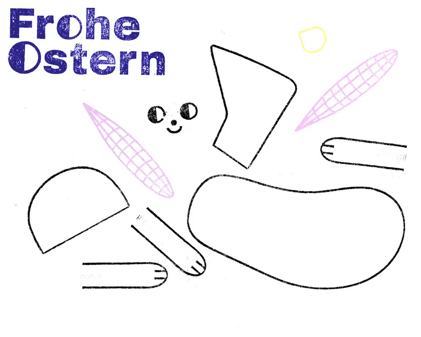 Stampimals Osterkarte Oben steht Frohe Ostern und Formen eines Osterhasen sind verstreut auf dem Blatt