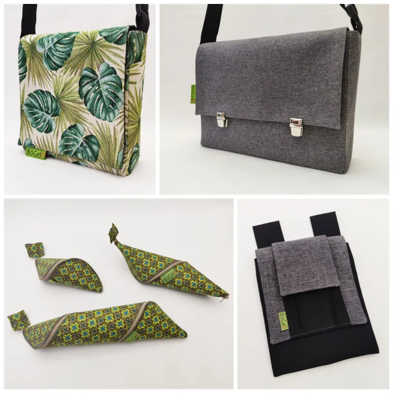 Diverses Umhängetasche mit Blättermuster beige/grün, Aktentasche grau, Spiraletuis mit grafischen Blümchen grün, Gürteltasche mit Smartphonefach schwarz/grau