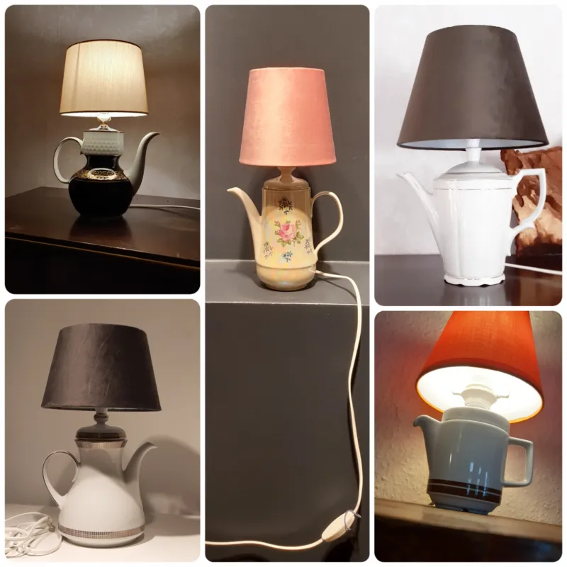 Collage aus upgecyclten Kaffeekannen zu Tischleuchten