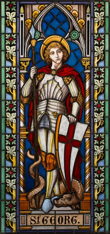 Hl. Georg Der Hl. Georg, aufwändige Glasmalerei im neogotischen Stil. Anfertigung für eine Privatkapelle.